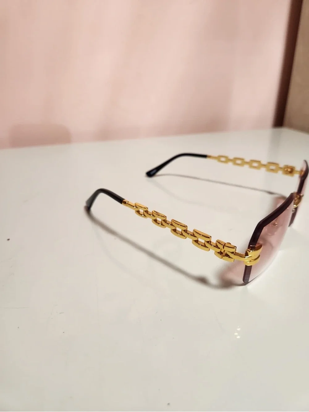 Unisex Rimless Rectangle Sunglasses Gold Metal Frame Pink Tinted Lenses